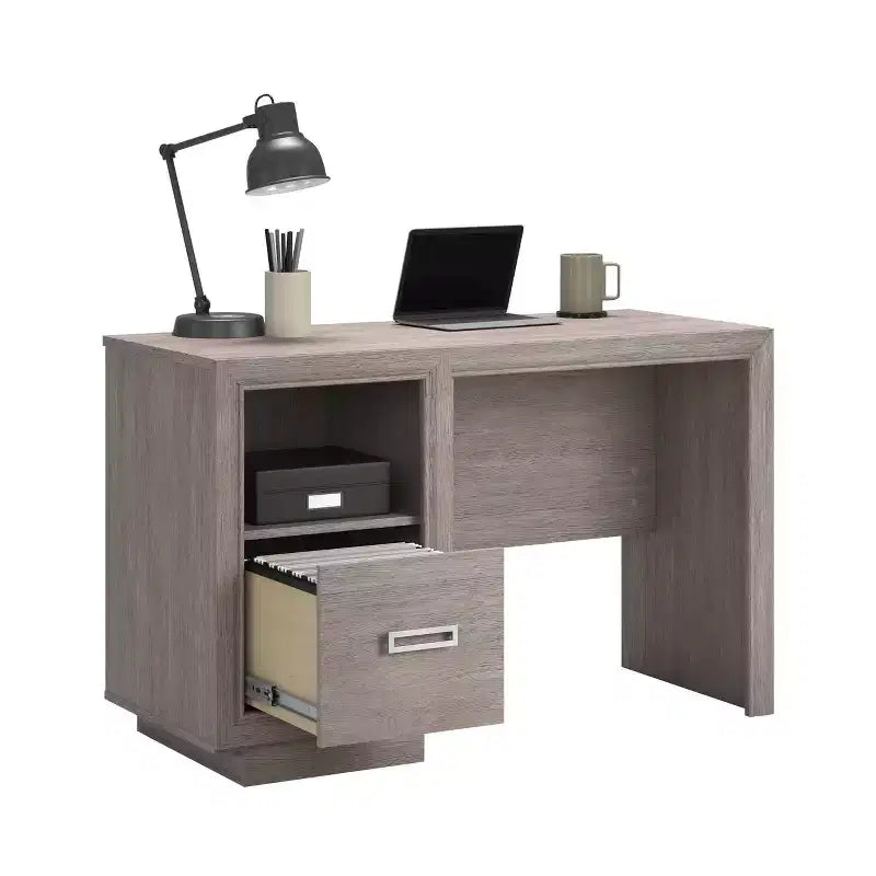 Scrivania da ufficio con cassetto portadocumenti, ripiano aperto e gestione cavi, finitura rovere cenere, 119 cm