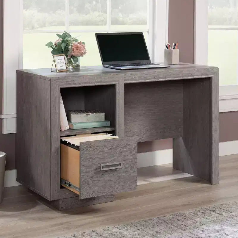 Scrivania da ufficio con cassetto portadocumenti, ripiano aperto e gestione cavi, finitura rovere cenere, 119 cm