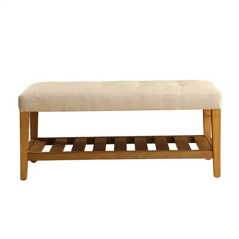Panca imbottita con borchie decorative – Tessuto beige / Gambe in rovere