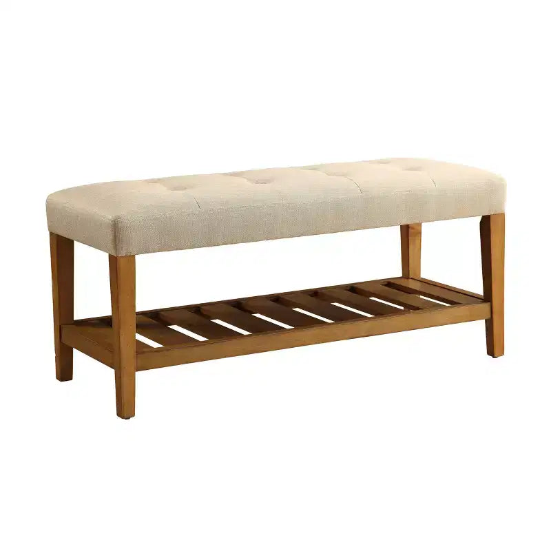 Panca imbottita con borchie decorative – Tessuto beige / Gambe in rovere