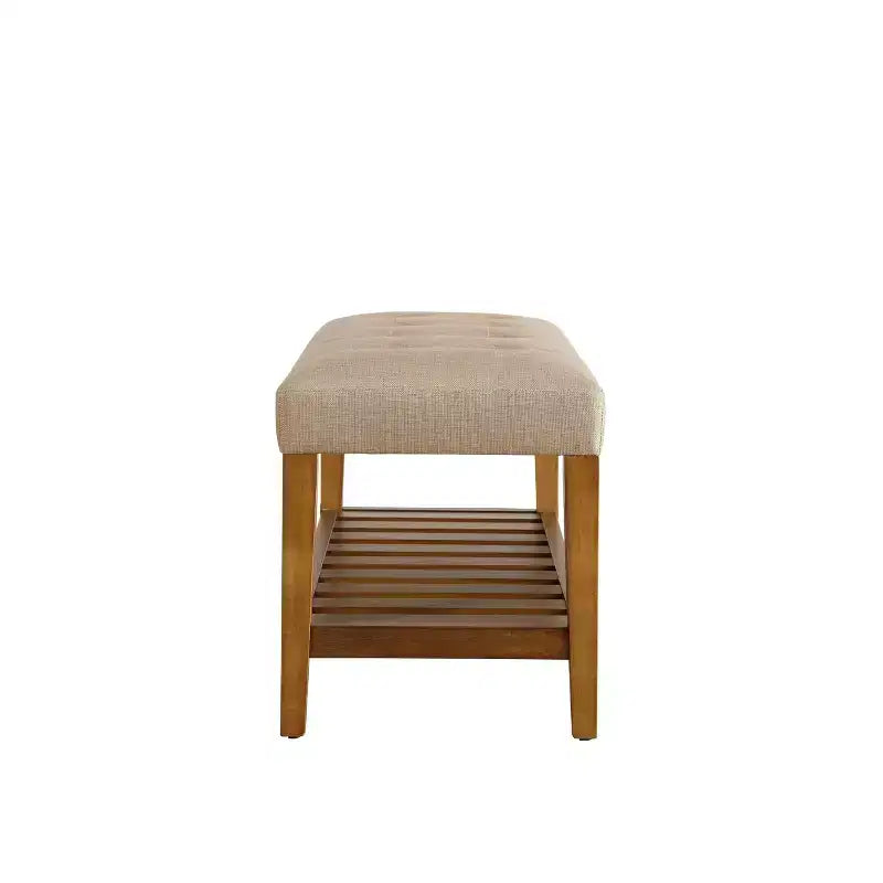 Panca imbottita con borchie decorative – Tessuto beige / Gambe in rovere