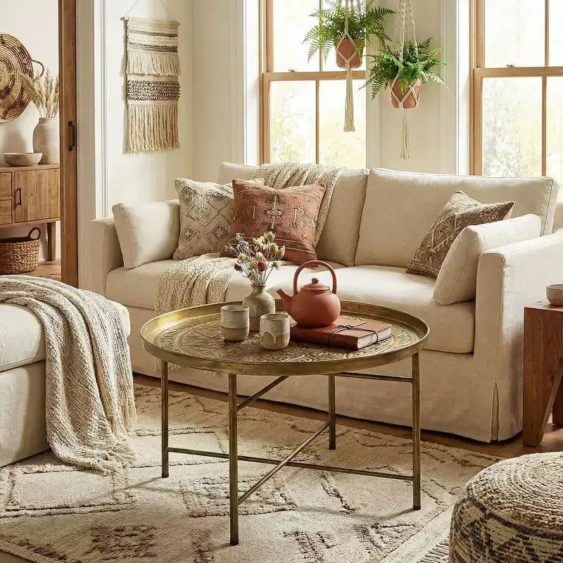 Tavolino rotondo da 24" con vassoio superiore martellato, tavolino centrale in metallo per soggiorno, camera da letto