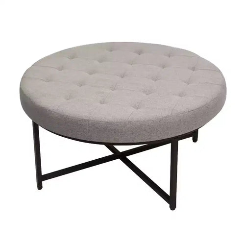 Emma and Oliver 34 in. Cotton Linen Round Ottoman with Tufted Design and Sturdy Iron Frame