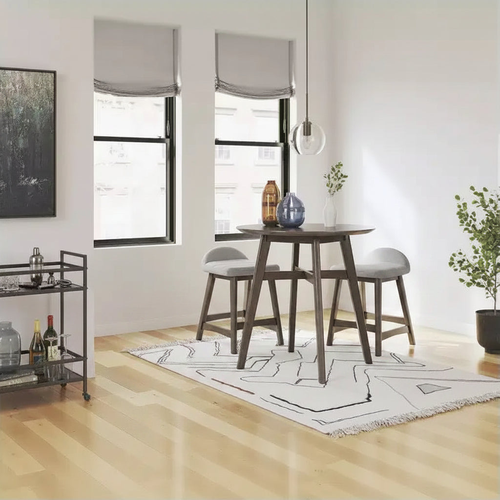 Sgabello da bar imbottito altezza bancone con cuscino in schiuma, struttura in legno massello, poliestere grigio chiaro, set da 2 pezzi