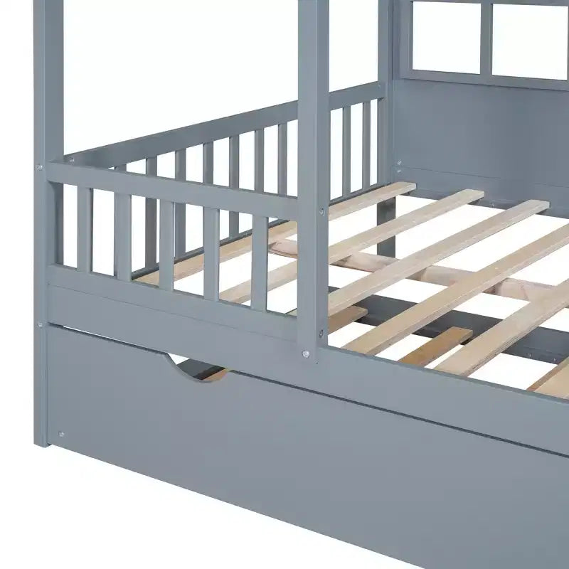 Letto a Piattaforma in Legno a Forma di Casa con Rotelle Estraibili – Matrimoniale/Una Piazza e Mezza, Bianco o Grigio, Struttura in Pino