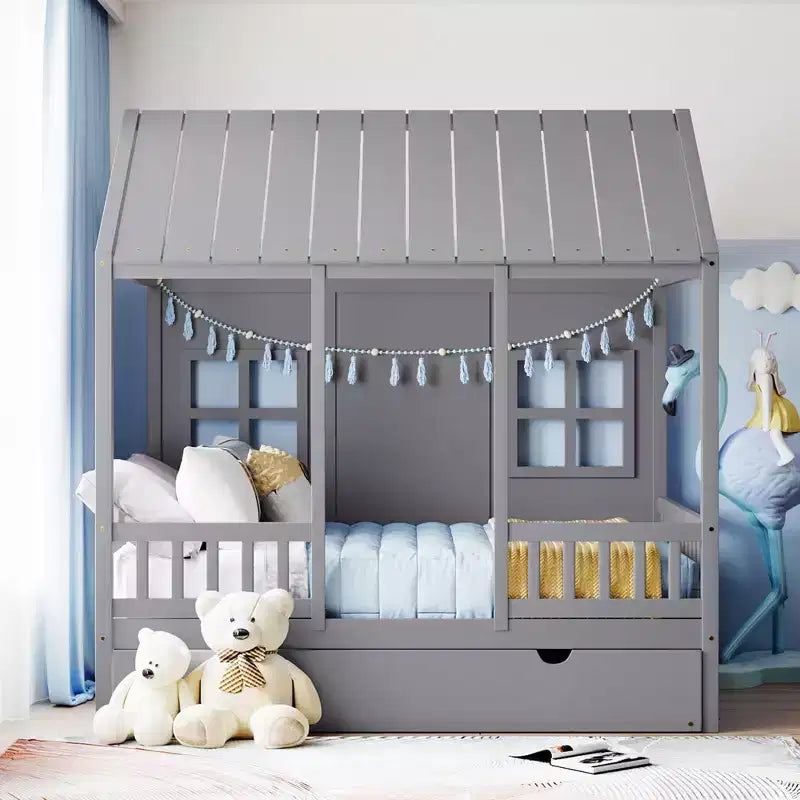 Letto a Piattaforma in Legno a Forma di Casa con Rotelle Estraibili – Matrimoniale/Una Piazza e Mezza, Bianco o Grigio, Struttura in Pino