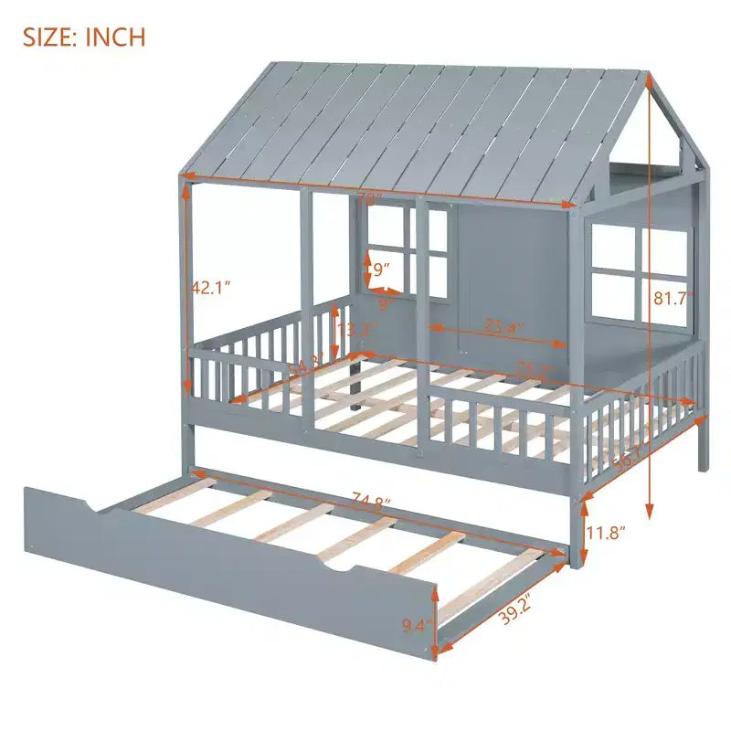 Letto a Piattaforma in Legno a Forma di Casa con Rotelle Estraibili – Matrimoniale/Una Piazza e Mezza, Bianco o Grigio, Struttura in Pino