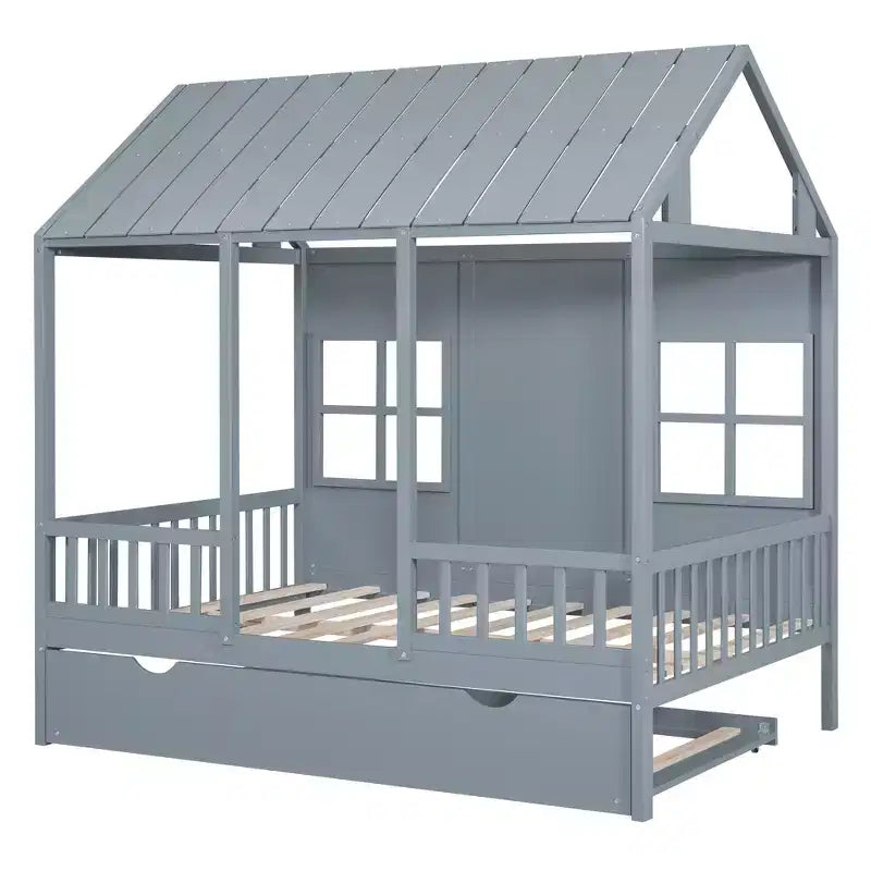 Letto a Piattaforma in Legno a Forma di Casa con Rotelle Estraibili – Matrimoniale/Una Piazza e Mezza, Bianco o Grigio, Struttura in Pino