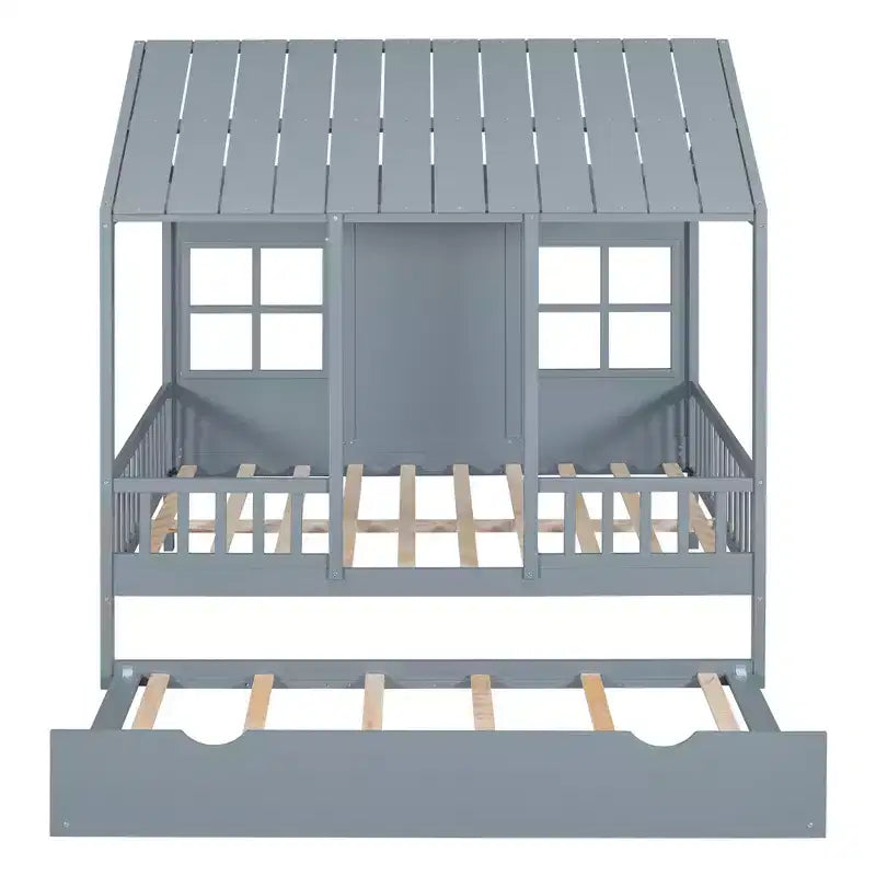 Letto a Piattaforma in Legno a Forma di Casa con Rotelle Estraibili – Matrimoniale/Una Piazza e Mezza, Bianco o Grigio, Struttura in Pino