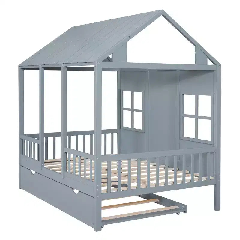 Letto a Piattaforma in Legno a Forma di Casa con Rotelle Estraibili – Matrimoniale/Una Piazza e Mezza, Bianco o Grigio, Struttura in Pino