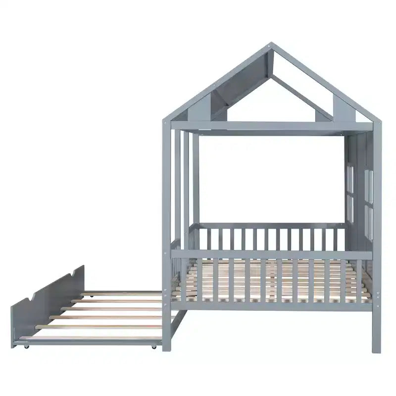 Letto a Piattaforma in Legno a Forma di Casa con Rotelle Estraibili – Matrimoniale/Una Piazza e Mezza, Bianco o Grigio, Struttura in Pino
