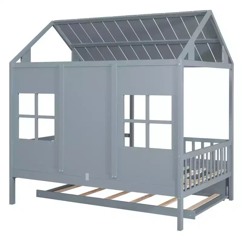Letto a Piattaforma in Legno a Forma di Casa con Rotelle Estraibili – Matrimoniale/Una Piazza e Mezza, Bianco o Grigio, Struttura in Pino