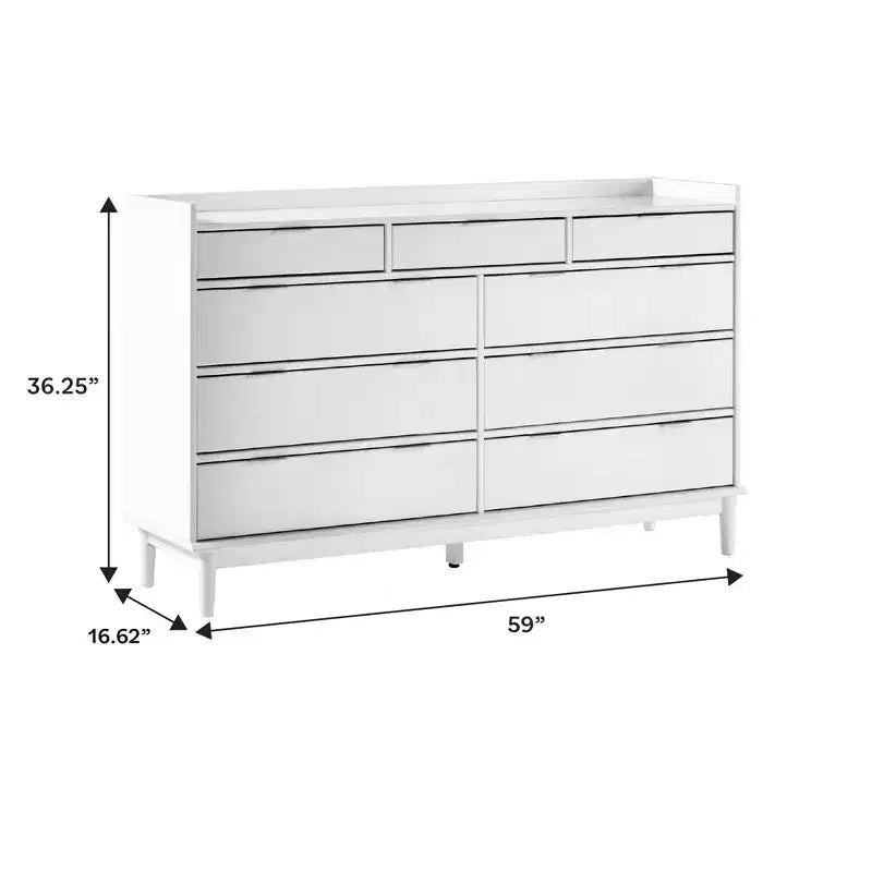 Cassettiera orizzontale Mid-Century Modern in legno massello di pino a 9 cassetti con gambe affusolate, 58,62 x 16,62 x 36,25 pollici