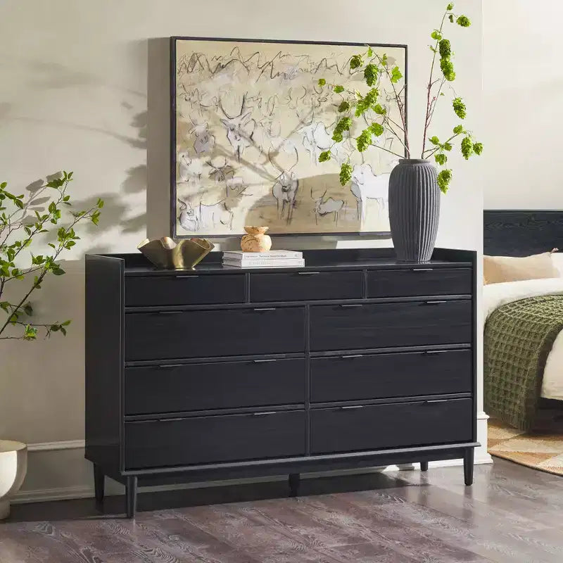 Cassettiera orizzontale Mid-Century Modern in legno massello di pino a 9 cassetti con gambe affusolate, 58,62 x 16,62 x 36,25 pollici