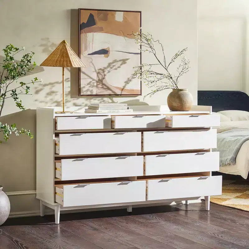 Cassettiera orizzontale Mid-Century Modern in legno massello di pino a 9 cassetti con gambe affusolate, 58,62 x 16,62 x 36,25 pollici