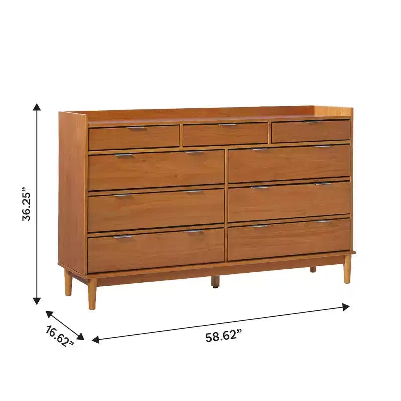 Cassettiera orizzontale Mid-Century Modern in legno massello di pino a 9 cassetti con gambe affusolate, 58,62 x 16,62 x 36,25 pollici