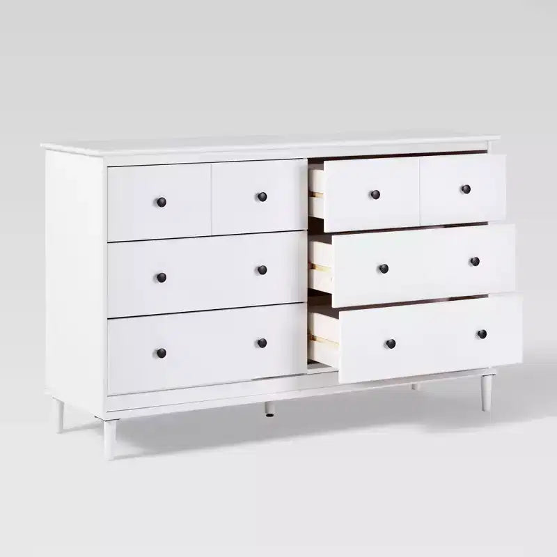 Comò orizzontale a 6 cassetti Mid Century Modern con gambe affusolate, pino e MDF, 57 x 18 x 35,63 pollici