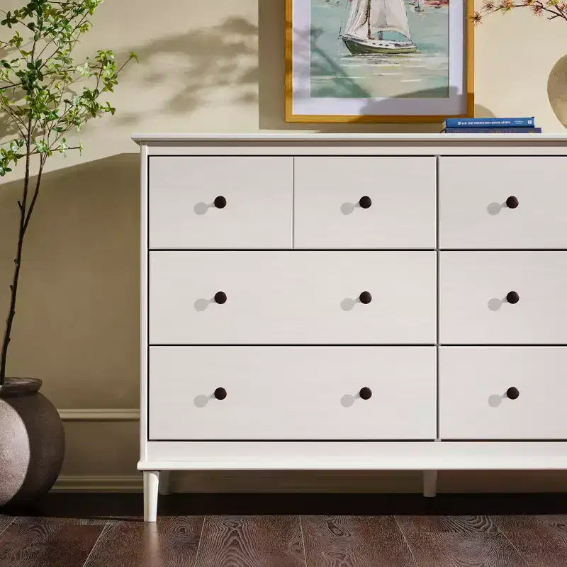 Comò orizzontale a 6 cassetti Mid Century Modern con gambe affusolate, pino e MDF, 57 x 18 x 35,63 pollici