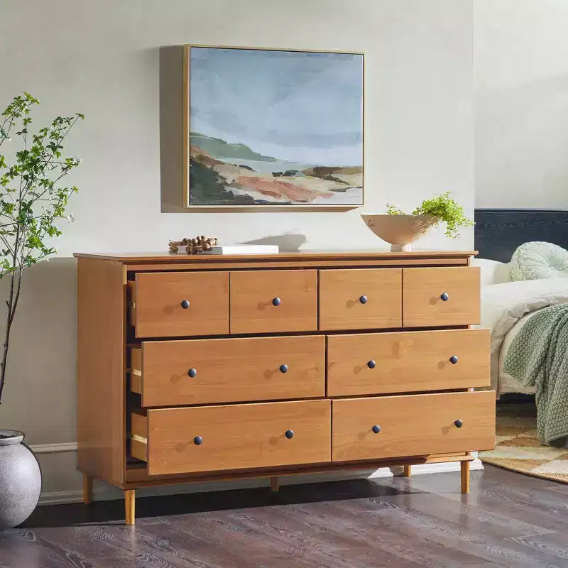 Comò orizzontale a 6 cassetti Mid Century Modern con gambe affusolate, pino e MDF, 57 x 18 x 35,63 pollici