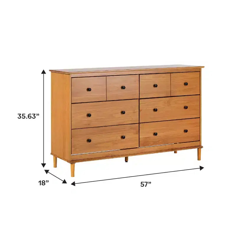 Comò orizzontale a 6 cassetti Mid Century Modern con gambe affusolate, pino e MDF, 57 x 18 x 35,63 pollici