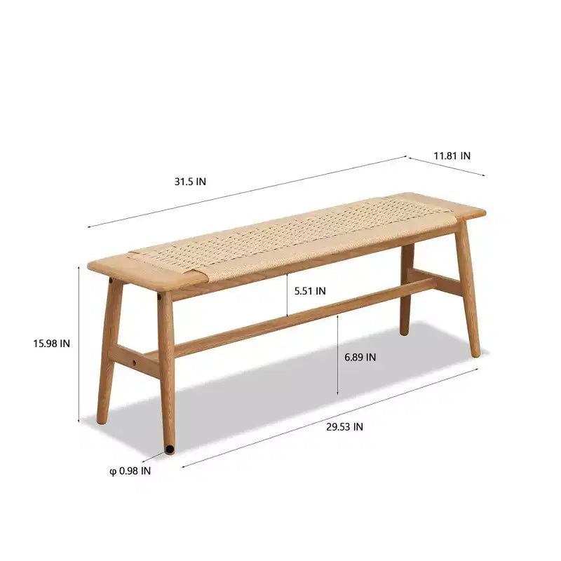 Panca in legno massello di rovere con seduta in tela intrecciata a mano, 80 x 30 x 40,6 cm, marrone