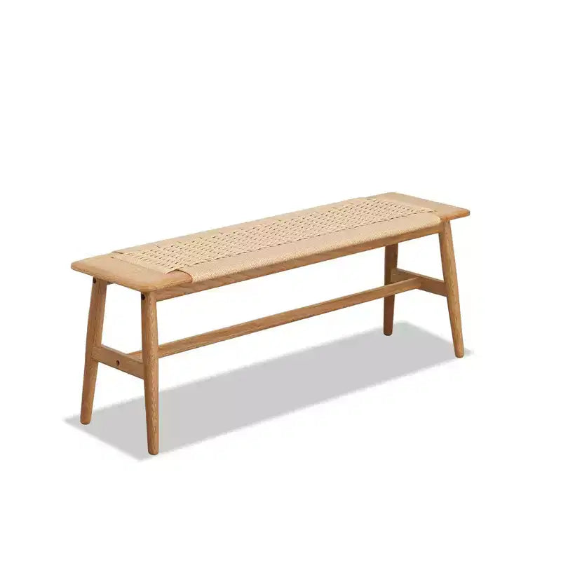Panca in legno massello di rovere con seduta in tela intrecciata a mano, 80 x 30 x 40,6 cm, marrone