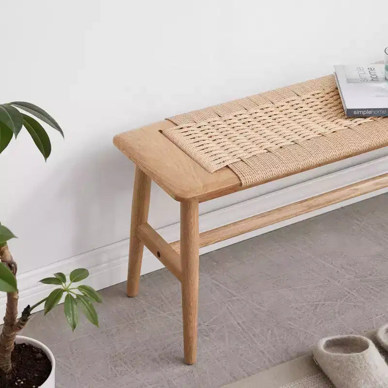 Panca in legno massello di rovere con seduta in tela intrecciata a mano, 80 x 30 x 40,6 cm, marrone