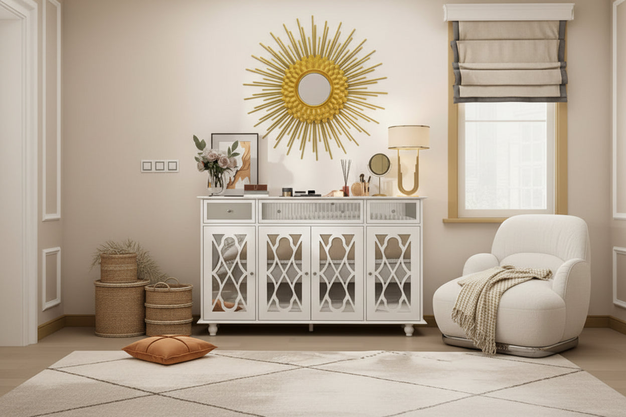 Famapy 55.1 Wide 3 Drawer Sideboard with Modern Design Cabinet Mirror Sideboard Buffet Cabinet Buffet