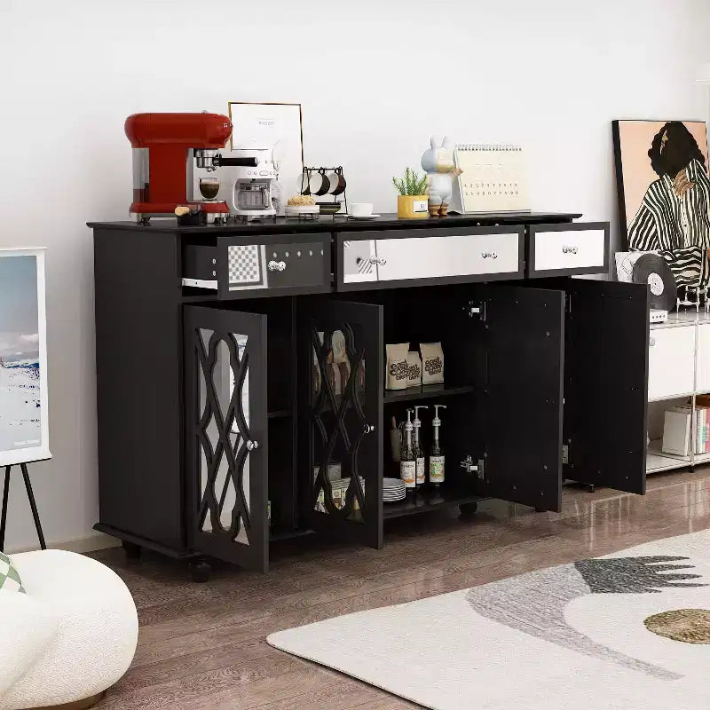 Credenza a 3 cassetti e 4 ante con frontale a specchio e 6 ripiani – 140L x 40P x 89A cm
