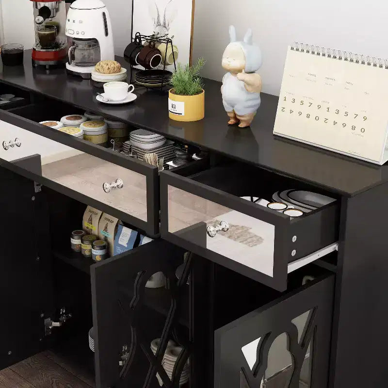 Credenza a 3 cassetti e 4 ante con frontale a specchio e 6 ripiani – 140L x 40P x 89A cm