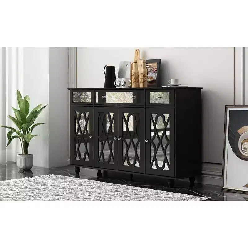Credenza a 3 cassetti e 4 ante con frontale a specchio e 6 ripiani – 140L x 40P x 89A cm