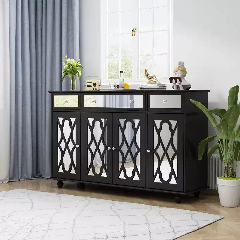 Credenza a 3 cassetti e 4 ante con frontale a specchio e 6 ripiani – 140L x 40P x 89A cm