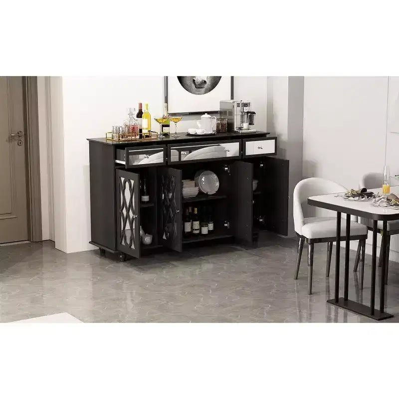 Credenza a 3 cassetti e 4 ante con frontale a specchio e 6 ripiani – 140L x 40P x 89A cm