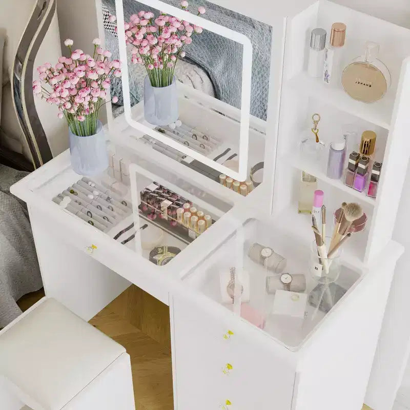 Tavolino da Trucco con Specchio Scorrevole Illuminato a LED, Piano in Vetro, Contenitore Nascosto e Sgabello, Bianco