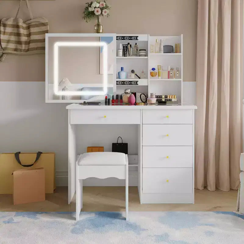 Tavolino da Trucco con Specchio Scorrevole Illuminato a LED, Piano in Vetro, Contenitore Nascosto e Sgabello, Bianco