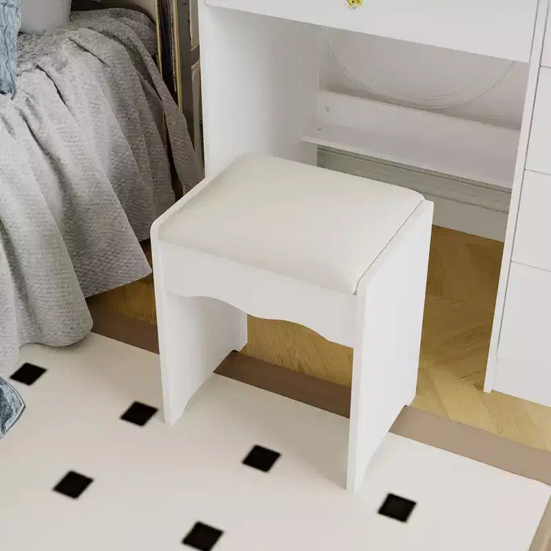 Tavolino da Trucco con Specchio Scorrevole Illuminato a LED, Piano in Vetro, Contenitore Nascosto e Sgabello, Bianco