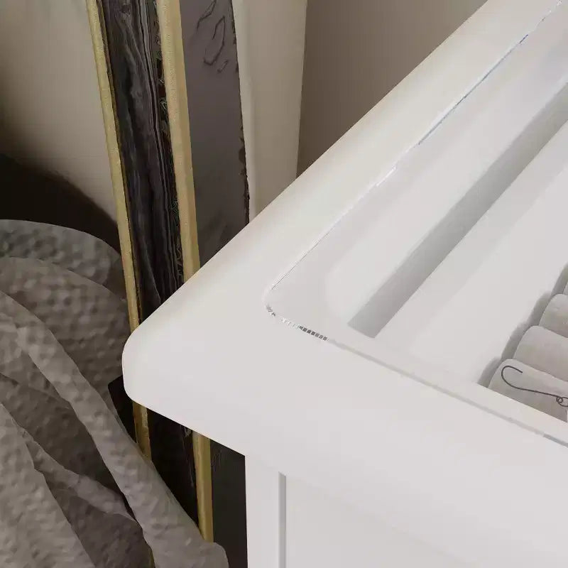 Tavolino da Trucco con Specchio Scorrevole Illuminato a LED, Piano in Vetro, Contenitore Nascosto e Sgabello, Bianco