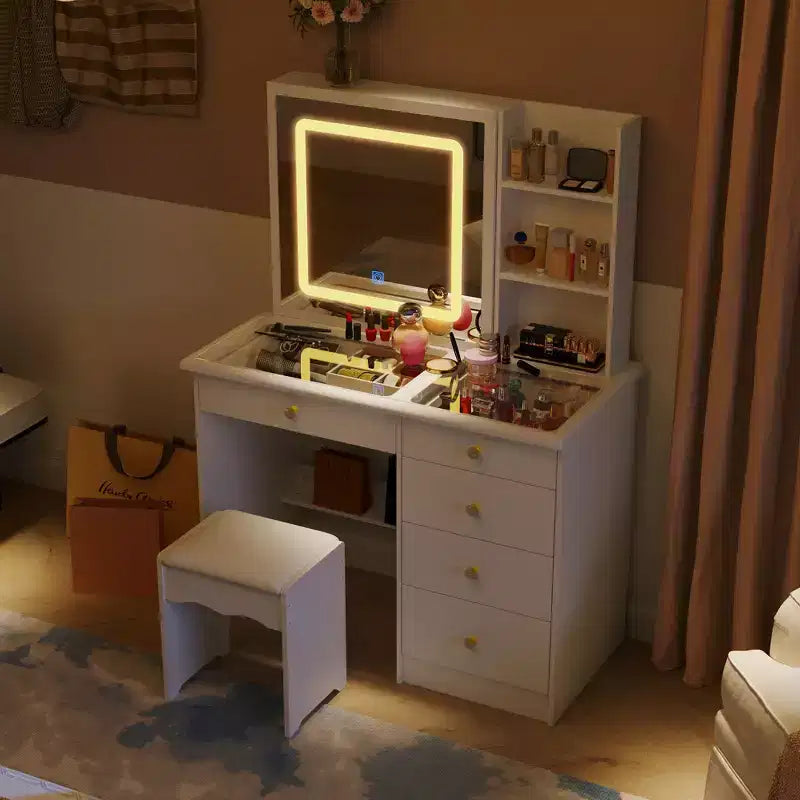 Tavolino da Trucco con Specchio Scorrevole Illuminato a LED, Piano in Vetro, Contenitore Nascosto e Sgabello, Bianco