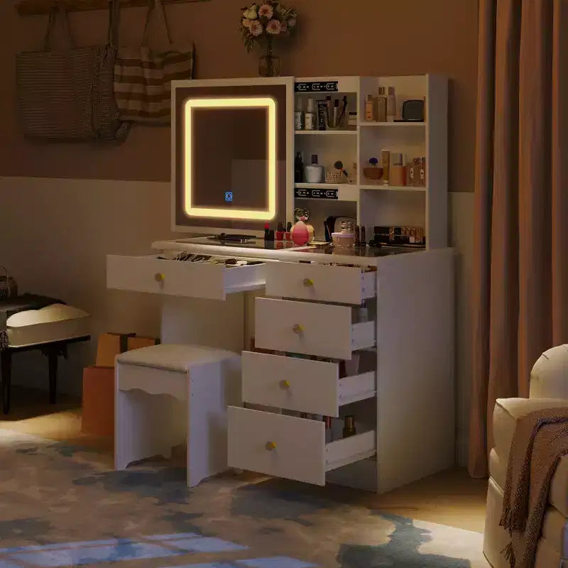 Tavolino da Trucco con Specchio Scorrevole Illuminato a LED, Piano in Vetro, Contenitore Nascosto e Sgabello, Bianco