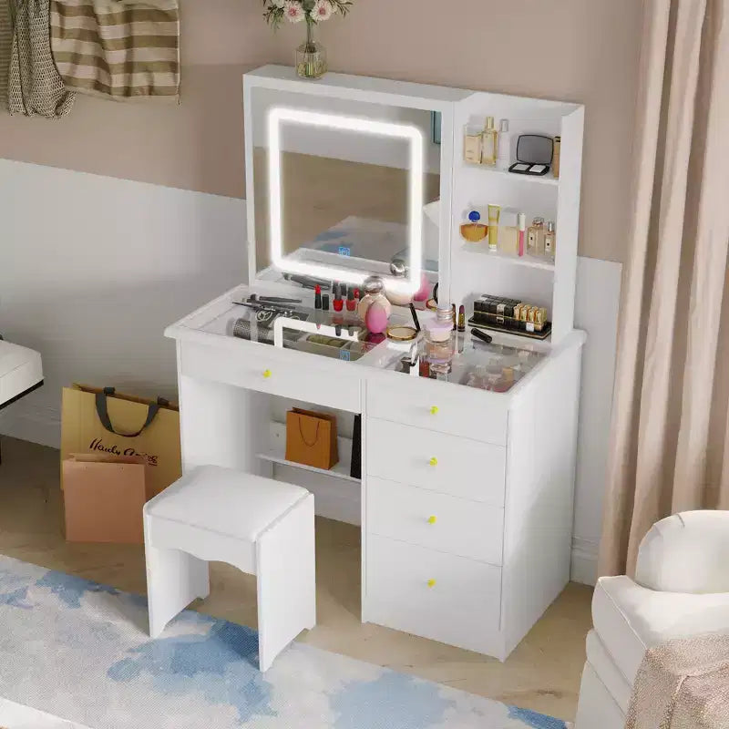 Tavolino da Trucco con Specchio Scorrevole Illuminato a LED, Piano in Vetro, Contenitore Nascosto e Sgabello, Bianco