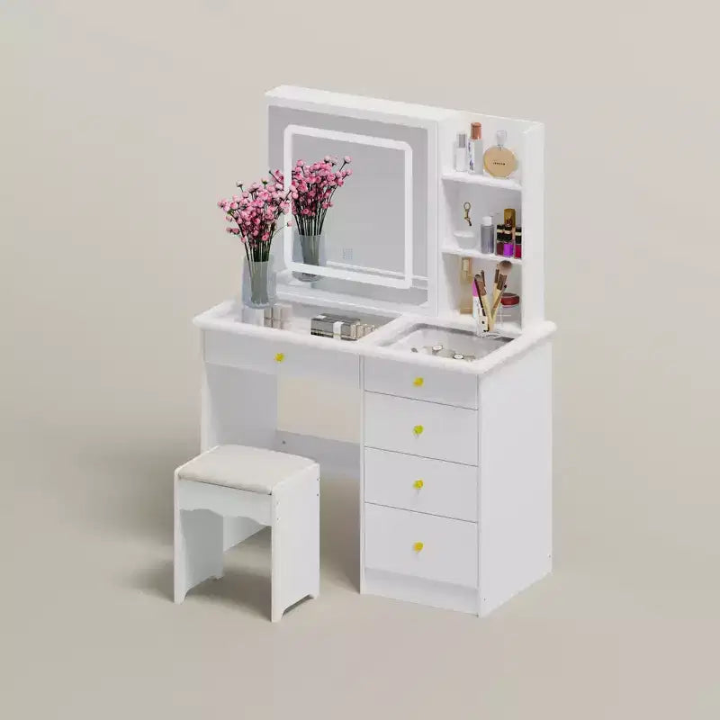 Tavolino da Trucco con Specchio Scorrevole Illuminato a LED, Piano in Vetro, Contenitore Nascosto e Sgabello, Bianco