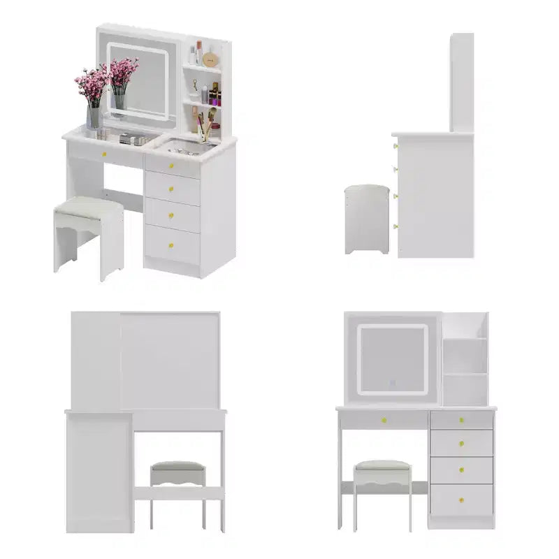 Tavolino da Trucco con Specchio Scorrevole Illuminato a LED, Piano in Vetro, Contenitore Nascosto e Sgabello, Bianco
