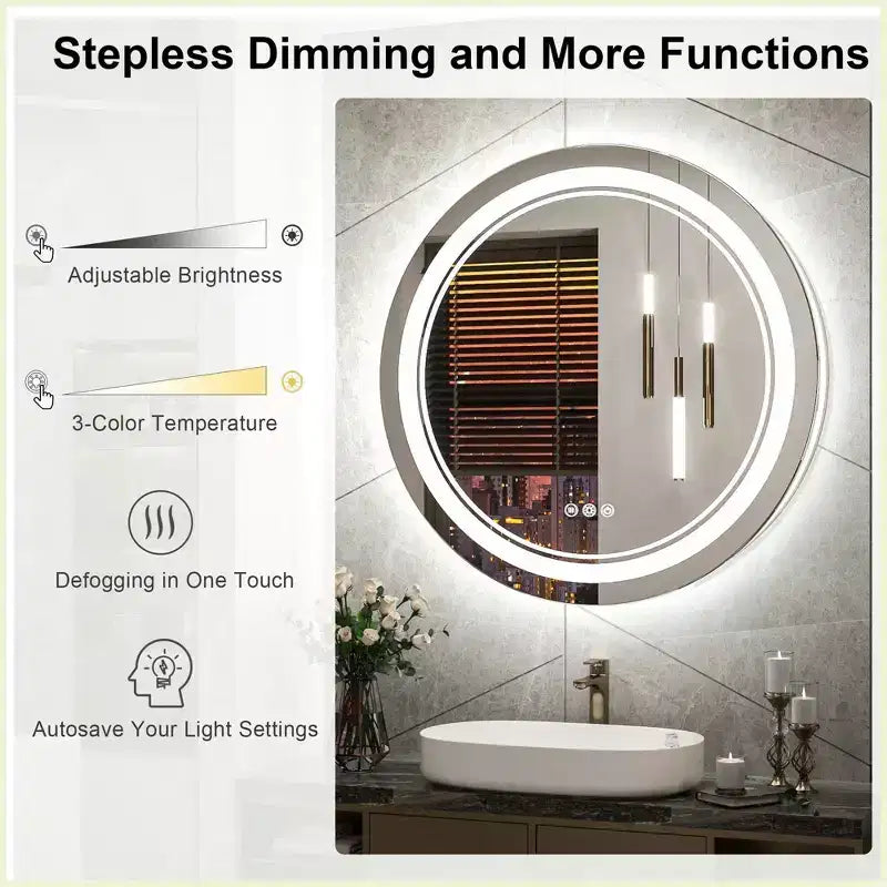 Specchio da parete rotondo a LED per bagno con 3 temperature di colore – Diametro 60 cm, dimmerabile, antiappannamento