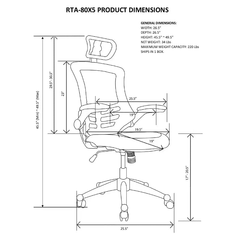 Sedia da ufficio girevole regolabile – Struttura in nylon, capacità 100 kg, 115,5 x 67,3 x 67,3 cm (A x L x P).
