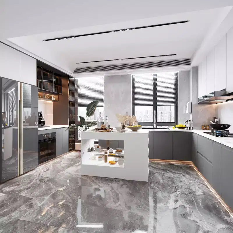 Isola da Cucina Bianca con 8 Cassetti, Ripiano Aperto e Piano in Vetro Temperato, 119,4 x 59,9 x 80 cm