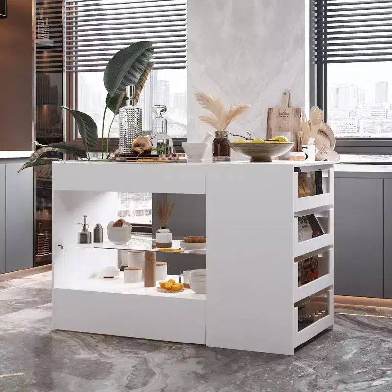 Isola da Cucina Bianca con 8 Cassetti, Ripiano Aperto e Piano in Vetro Temperato, 119,4 x 59,9 x 80 cm