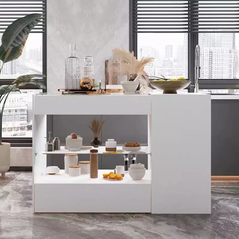 Isola da Cucina Bianca con 8 Cassetti, Ripiano Aperto e Piano in Vetro Temperato, 119,4 x 59,9 x 80 cm
