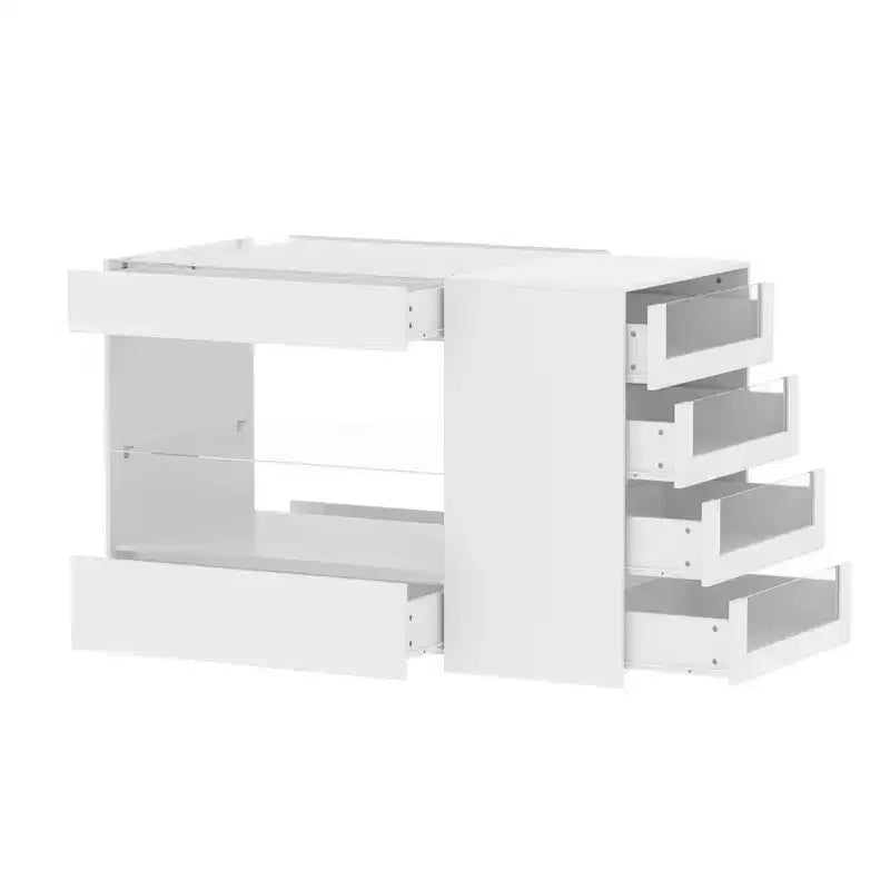 Isola da Cucina Bianca con 8 Cassetti, Ripiano Aperto e Piano in Vetro Temperato, 119,4 x 59,9 x 80 cm