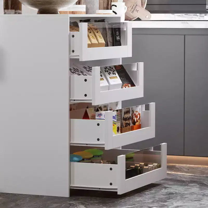 Isola da Cucina Bianca con 8 Cassetti, Ripiano Aperto e Piano in Vetro Temperato, 119,4 x 59,9 x 80 cm