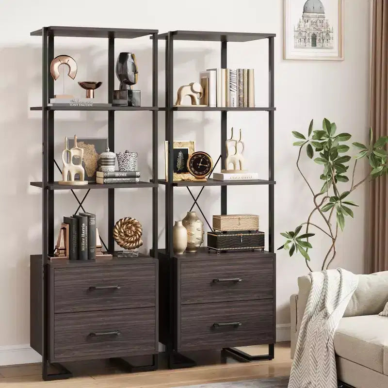 Libreria a 3 ripiani con 2 cassetti portaoggetti e ripiani a giorno, alta 180 cm, struttura in metallo